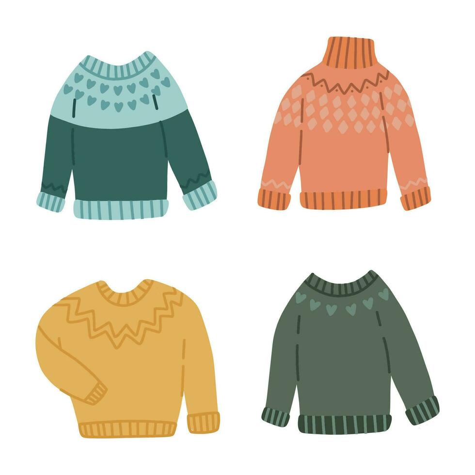 Hand draw cute knitted sweaters set.Cozy winter clothes. vector