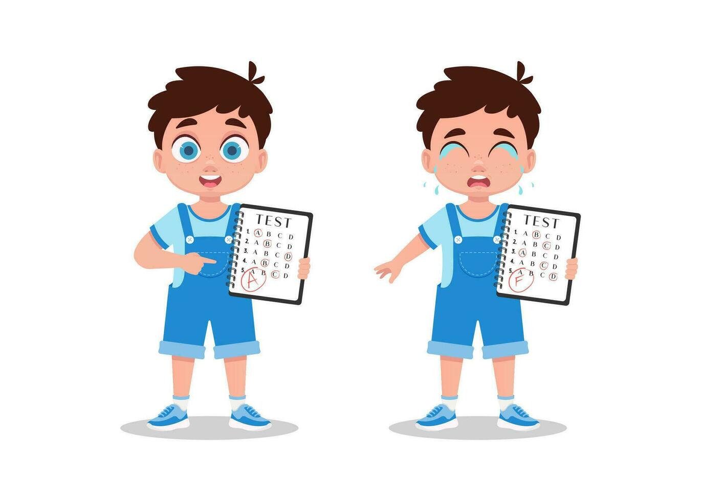 A set of illustrations of a boy with grades vector