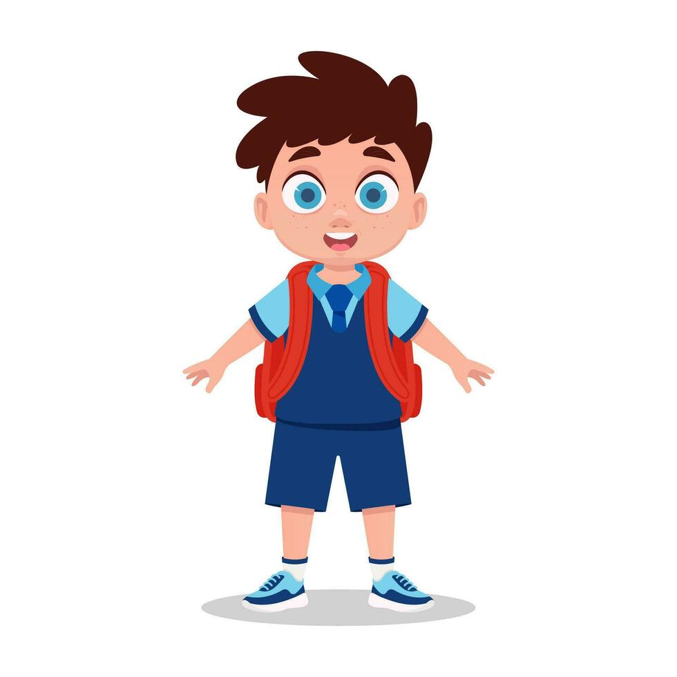 contento niño colegial en colegio uniforme vector