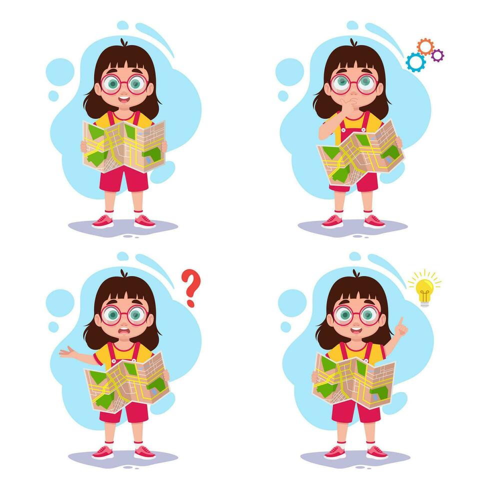 Set of illustrations of a girl with a map vector