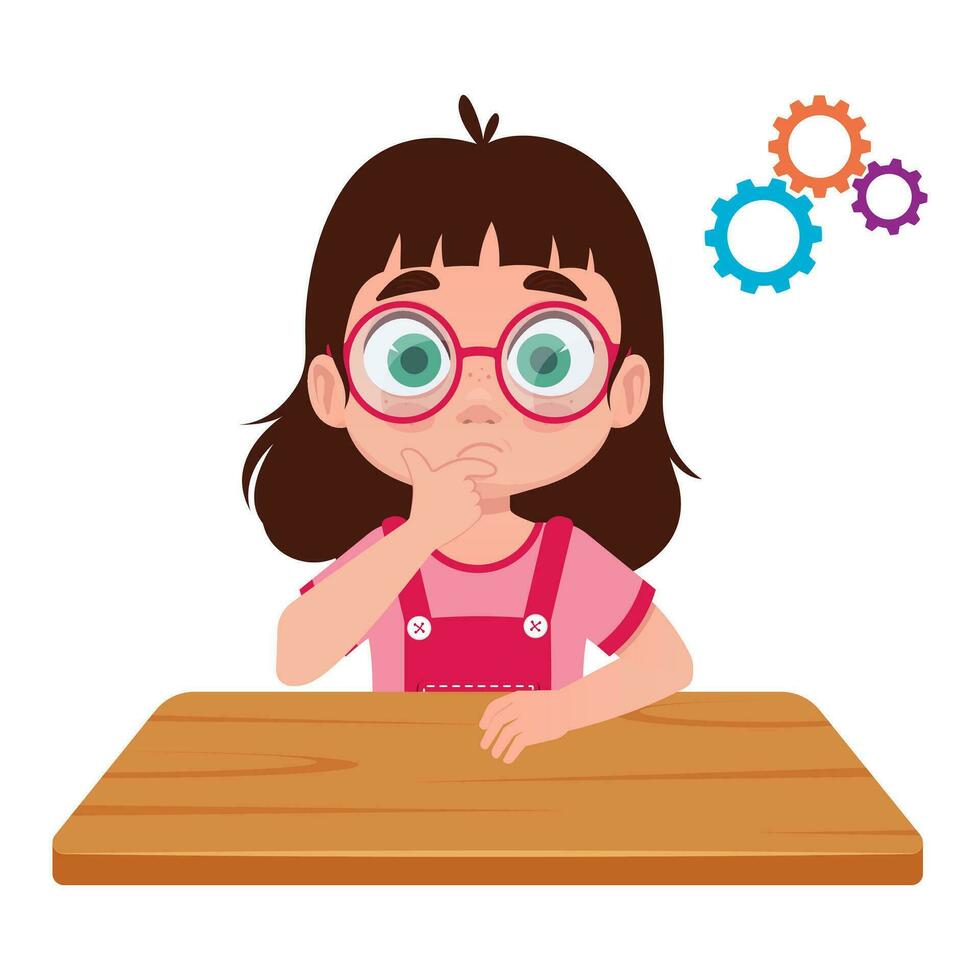Schoolgirl thinking while sitting at the table vector