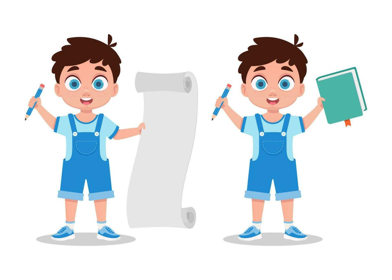 Set of illustrations of a boy with a notebook and a pencil vector