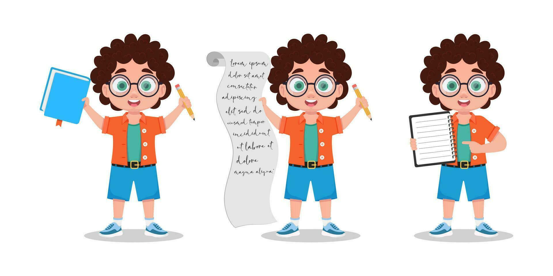 conjunto de ilustraciones de un chico con un cuaderno y un lápiz vector