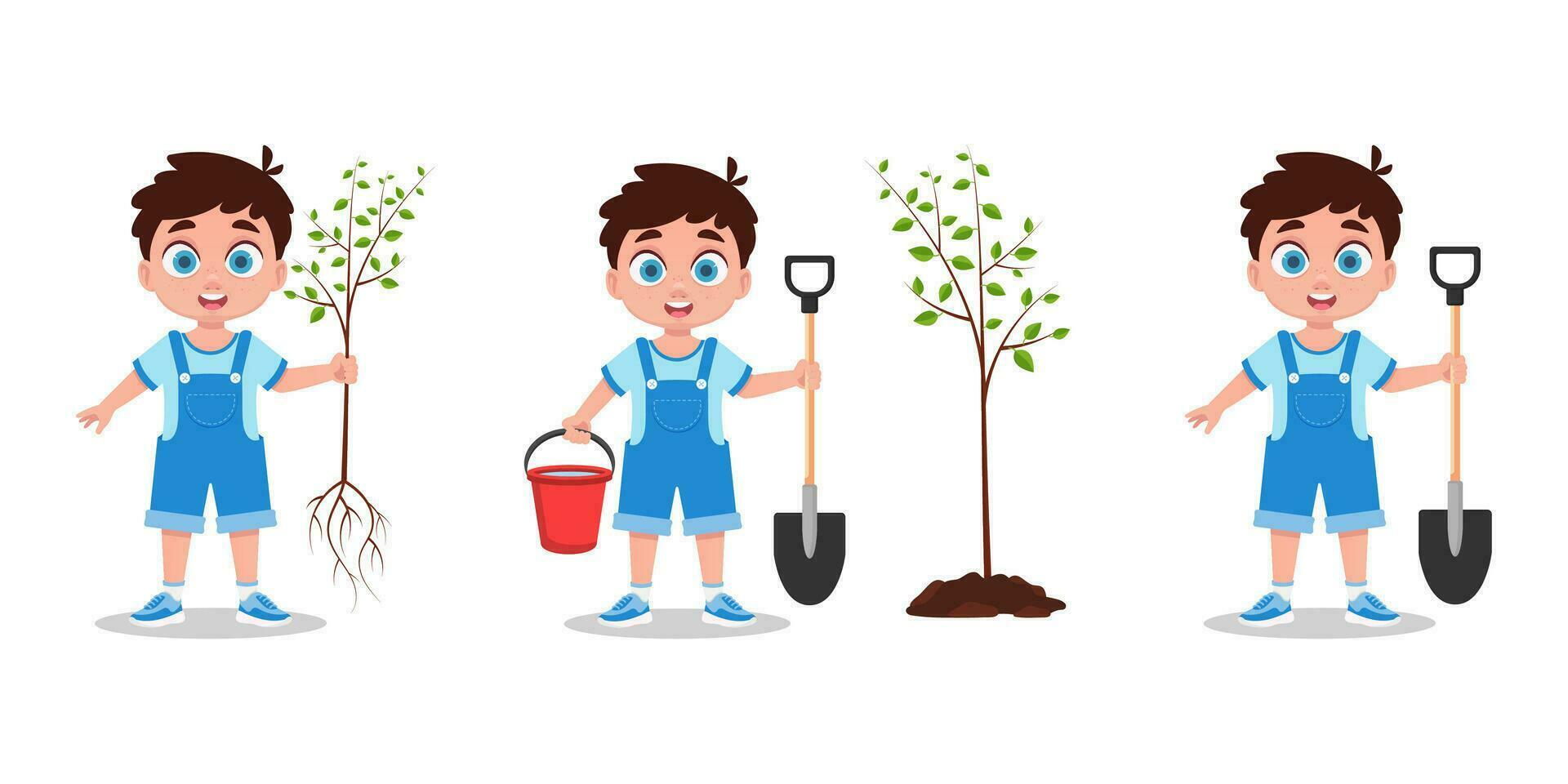 Set of illustrations of a boy planting a tree vector