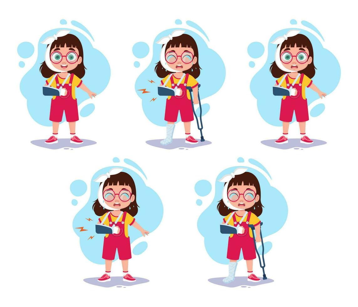 A set of illustrations of a girl with a broken arm, bandaged head, crying in pain and on crutches vector