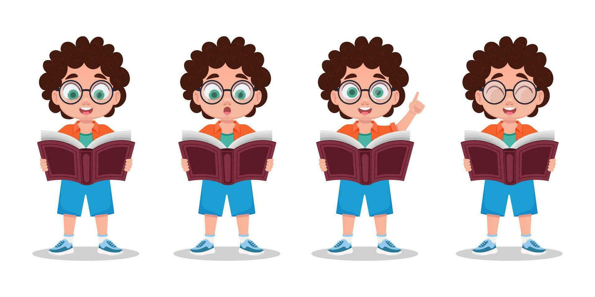 Set of illustrations of a boy with a book in his hands vector