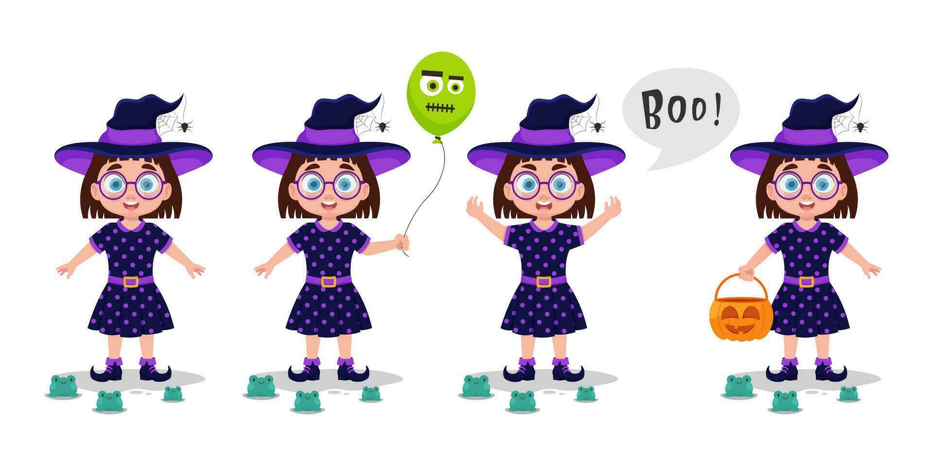 Set of illustrations of a girl in a witch costume vector