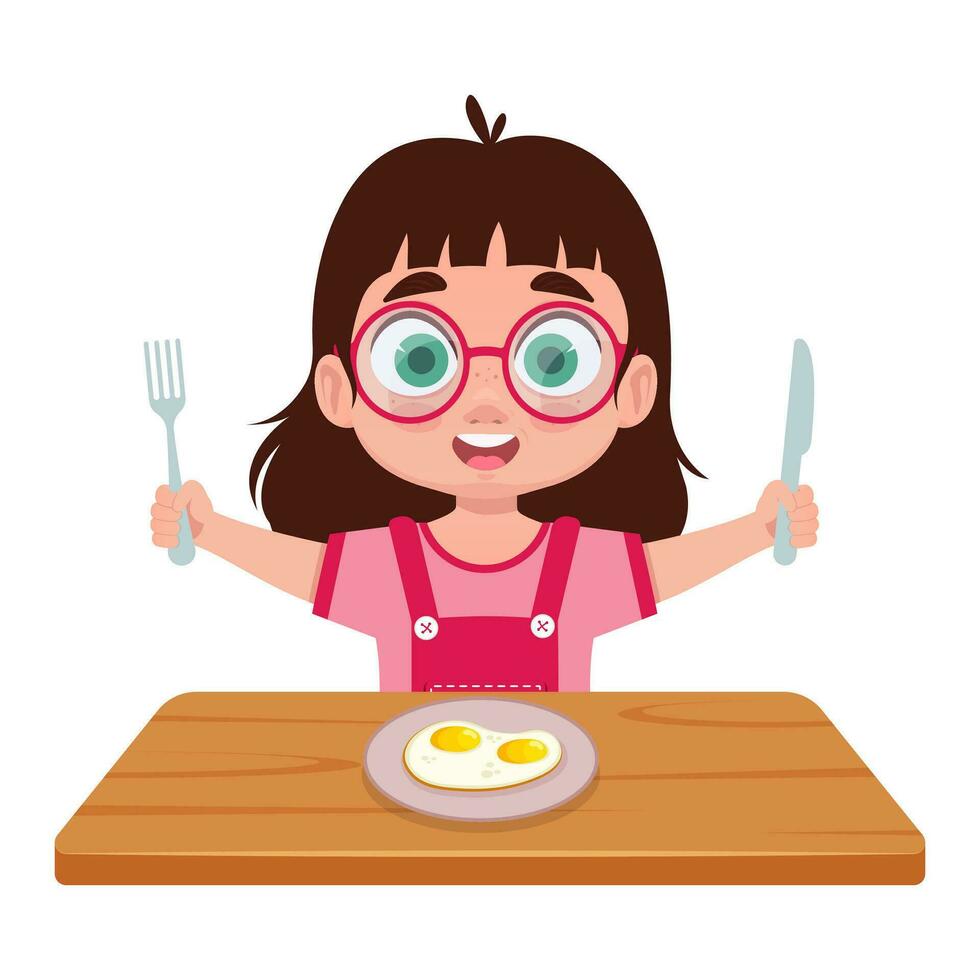 ilustración de un linda niña teniendo desayuno vector