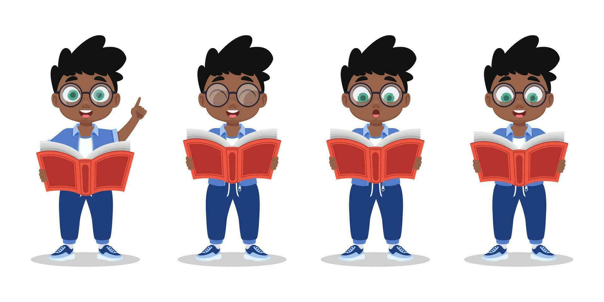 Set of illustrations of a boy with a book in his hands vector