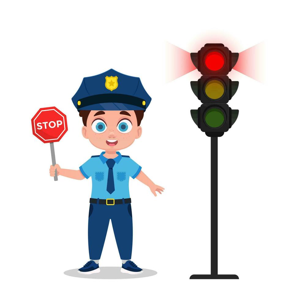 A boy in a police uniform and with a stop sign vector