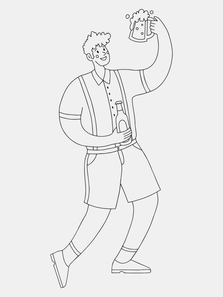 A man is holding a large mug of beer and a bottle of beer. Black and white vector outline illustration.