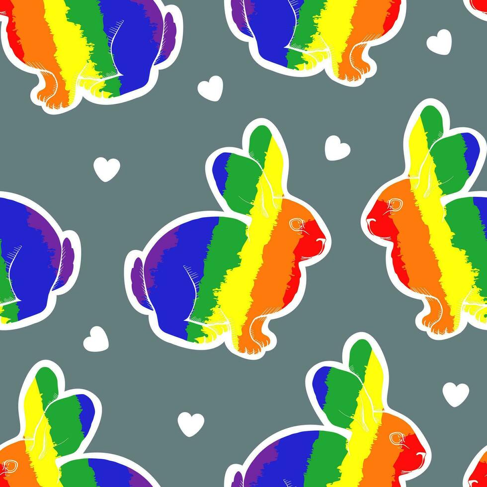 Seamless pattern with rainbow rabbits. Vector modern flat illustration. LGBT flag.