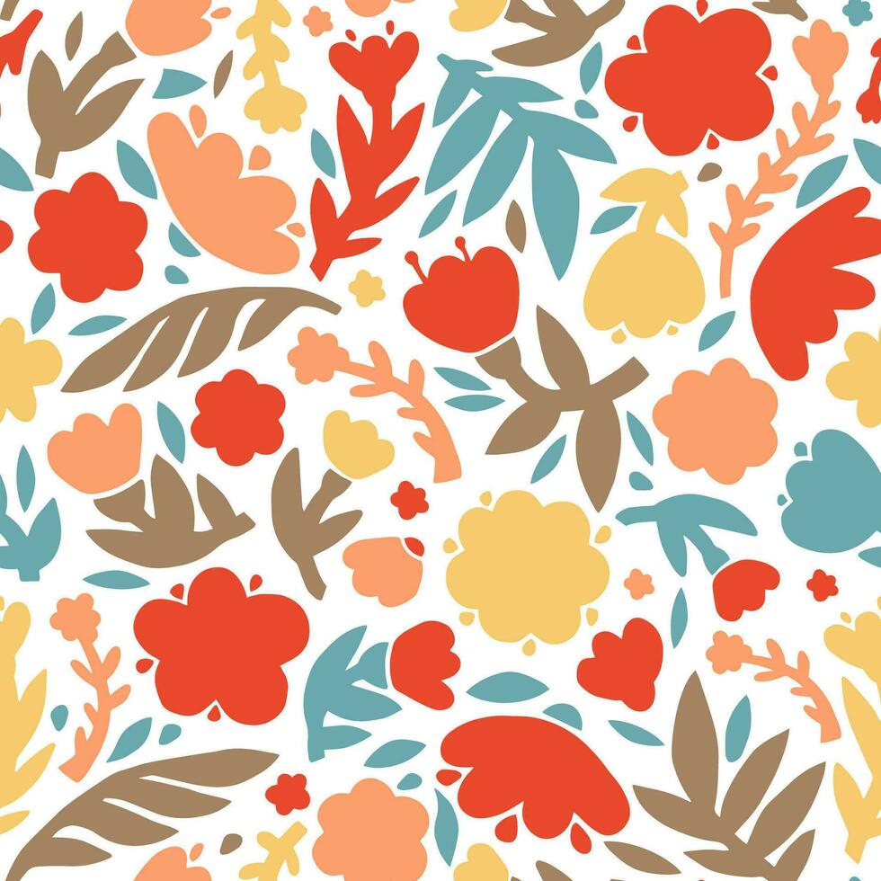 Seamless vector pattern of simplified flowers. Simple red and orange illustration. For fabric, wrapping paper, bedding, wallpaper.