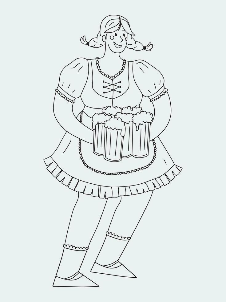 A girl dressed in Dirndl is holding a lot of mugs of beer. Black and white vector outline illustration for Oktoberfest.