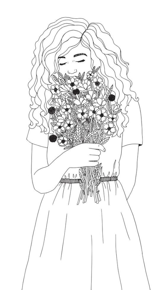 hermosa niña con un ramo de flores de flores vector