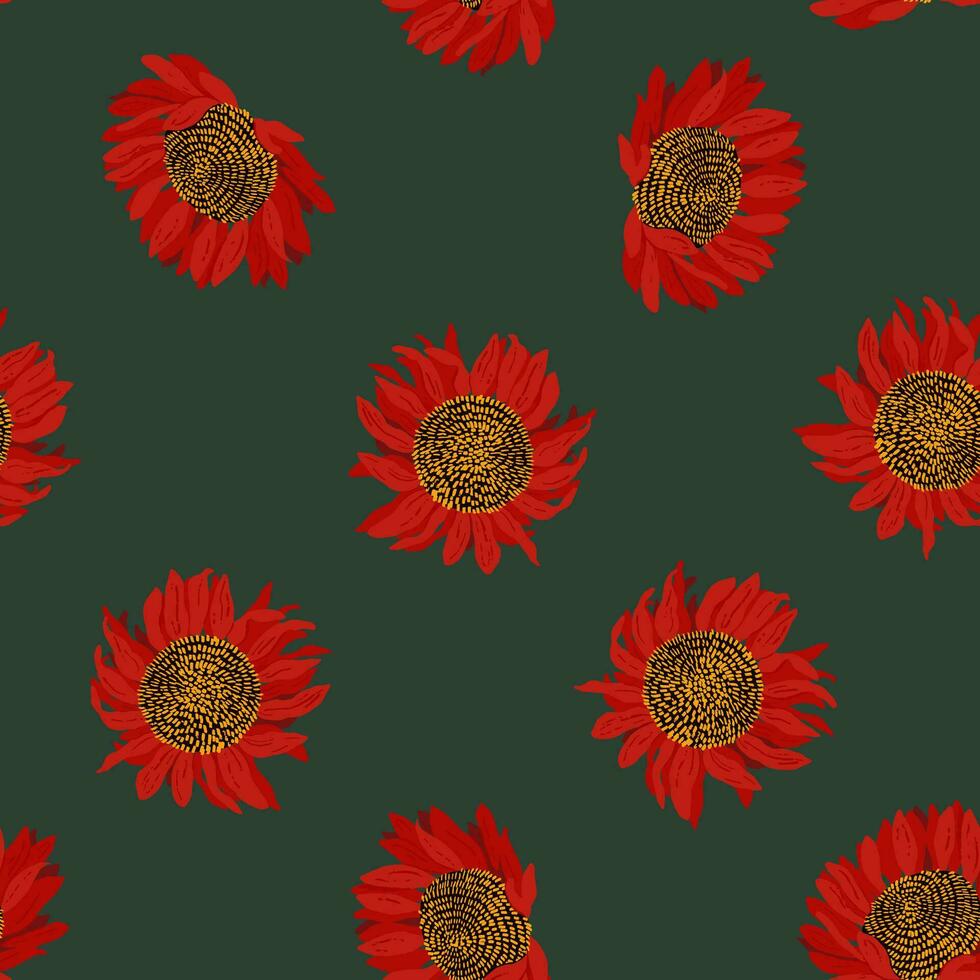 Floral seamless pattern. Red blooming flowers on a green background. Modern vector illustration.