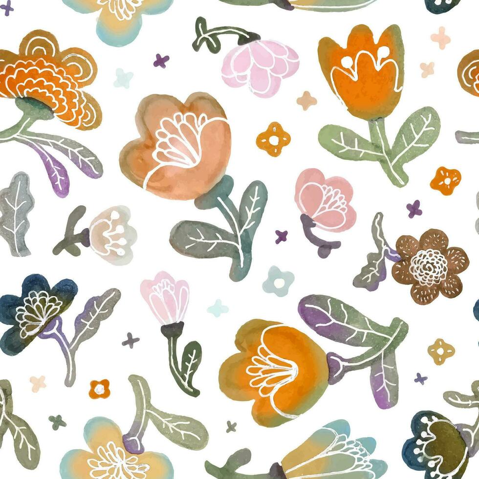 Seamless vector pattern of cute watercolor flowers. Children's hand-drawn illustration.