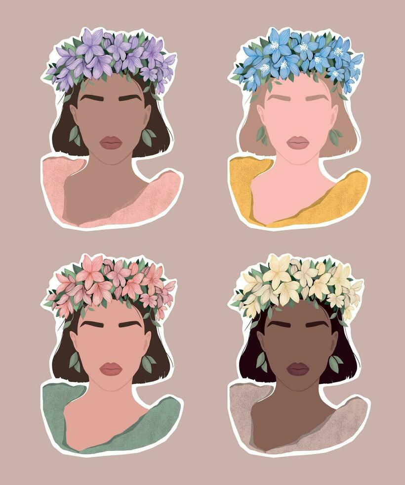 Set of stickers with women in a wreath of flowers. Flat modern illustration for poster, magazine, book cover vector