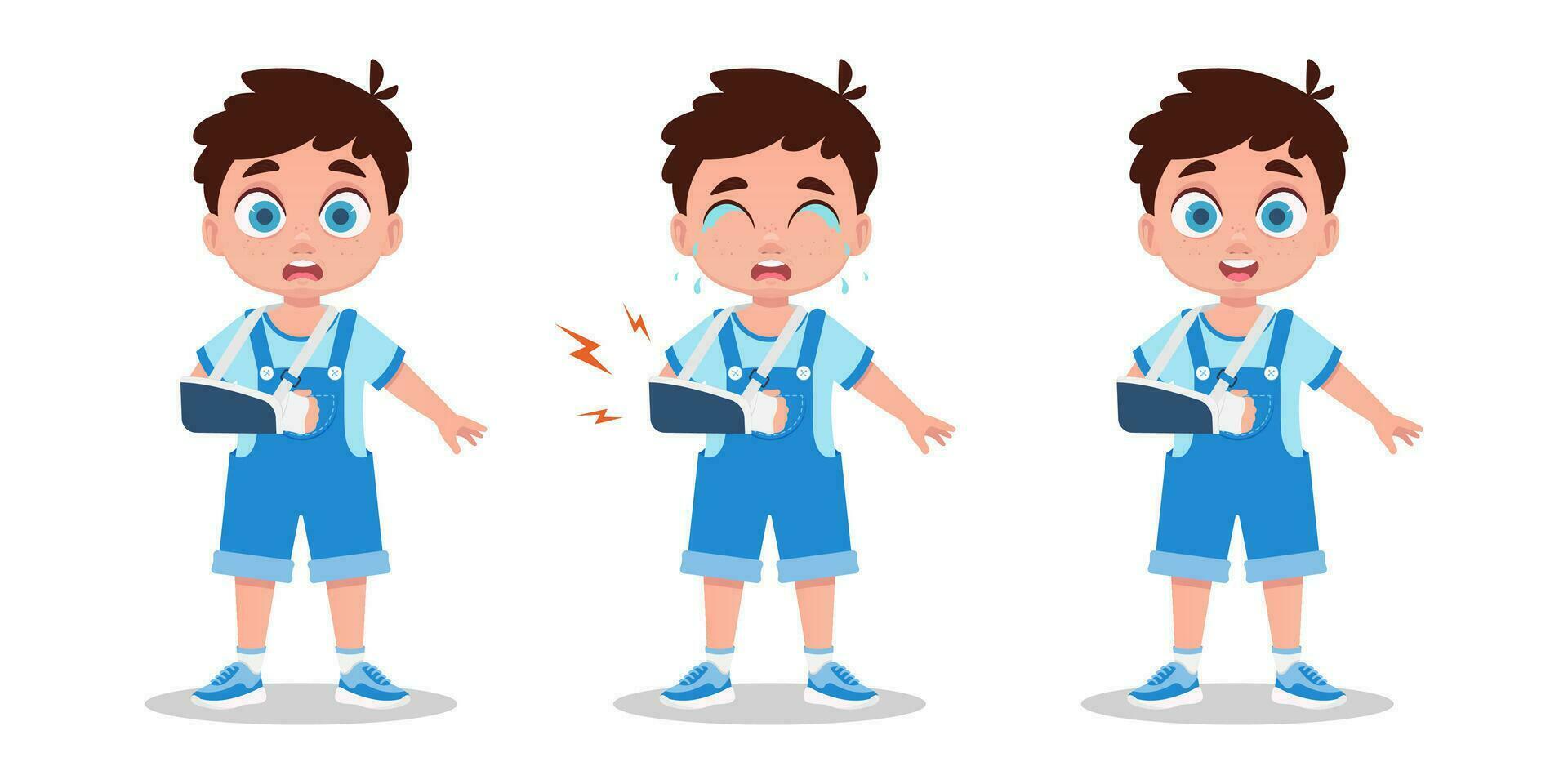 A set of illustrations of a boy with a broken arm vector