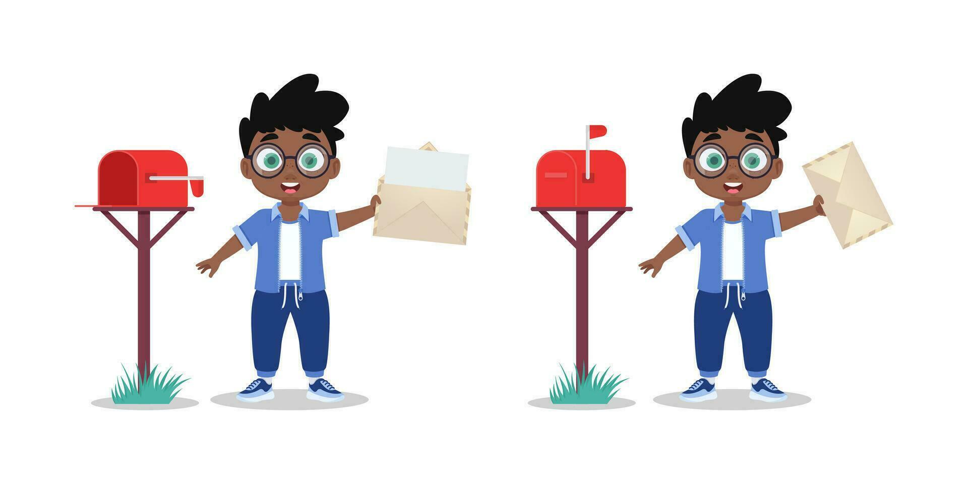 Set of illustrations of a boy with a mailbox vector