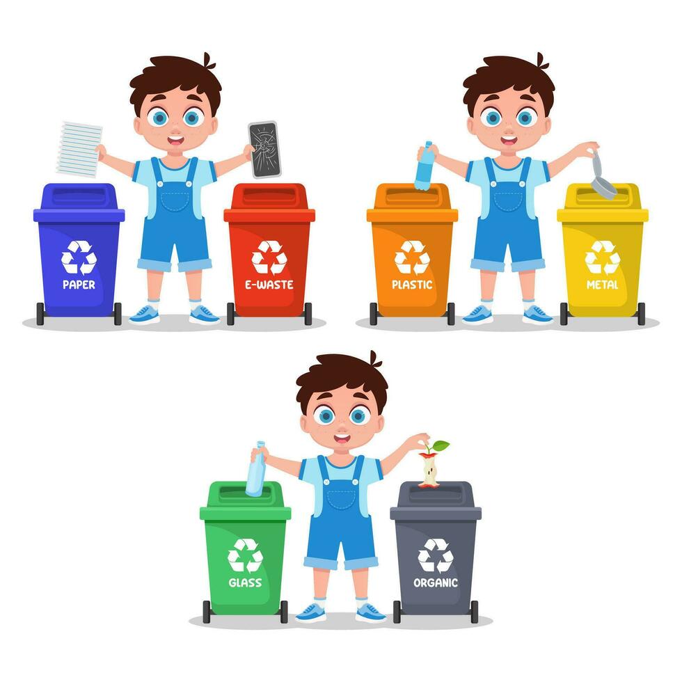 Set of illustrations of a boy sorting garbage vector