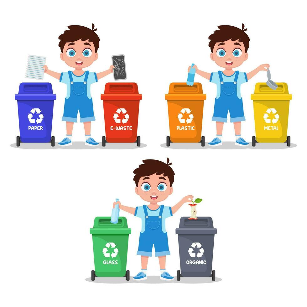 Set of illustrations of a boy sorting garbage vector