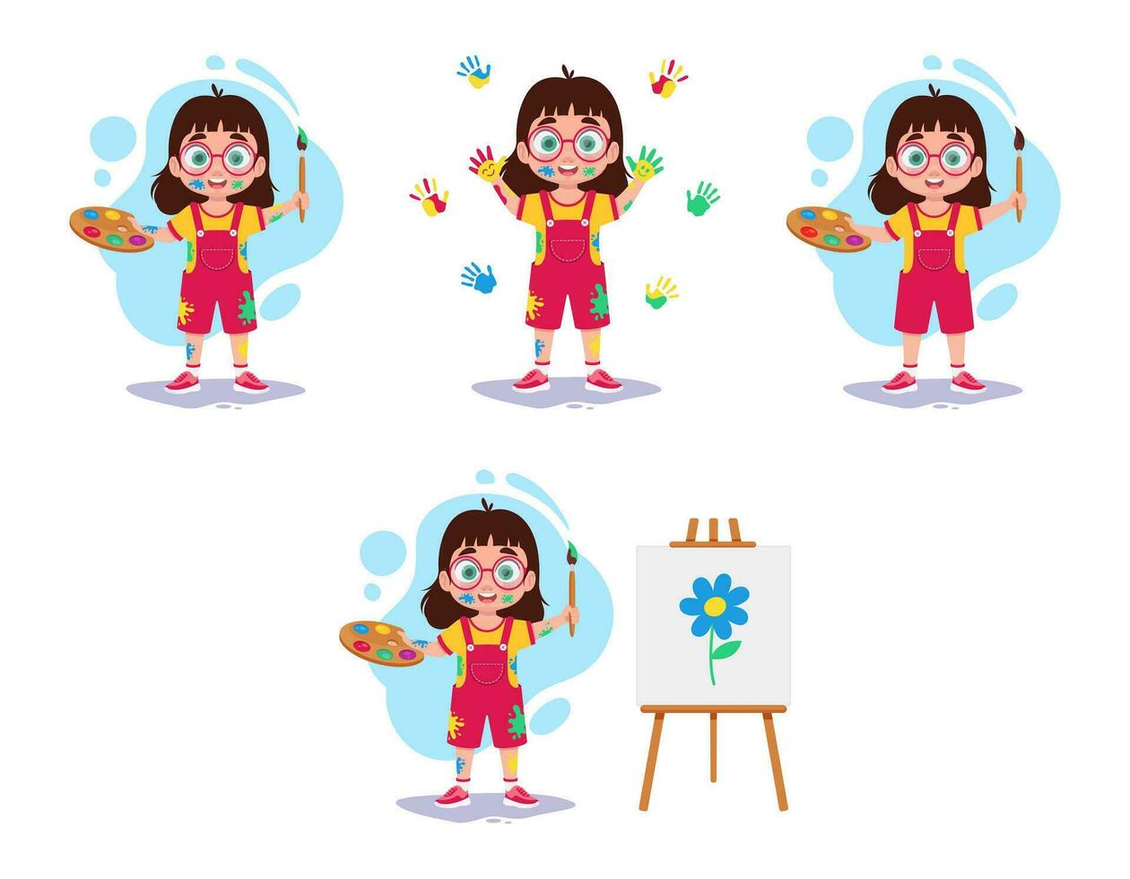 conjunto de ilustraciones de un niña en acuarela pinturas vector