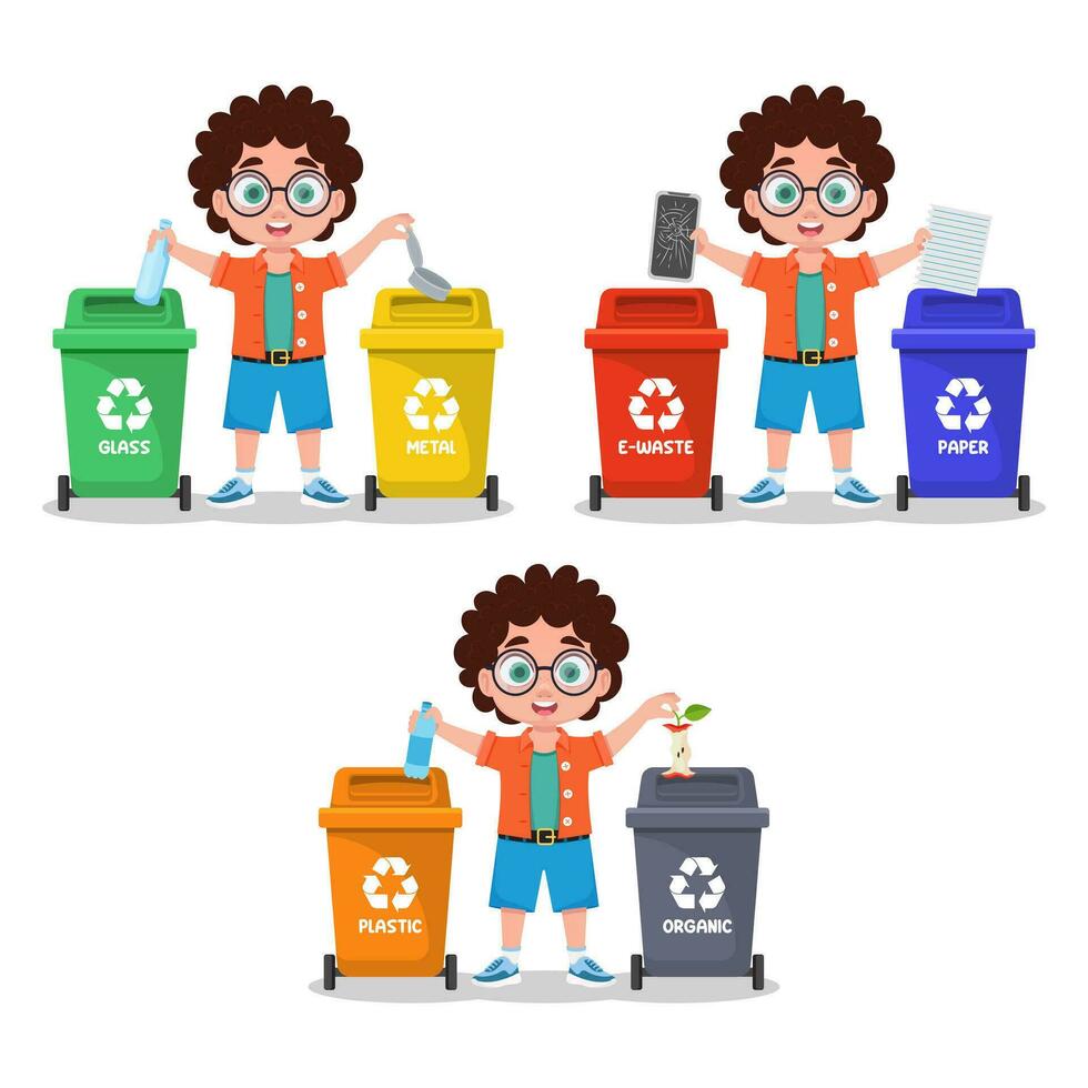 Set of illustrations of a boy sorting garbage vector