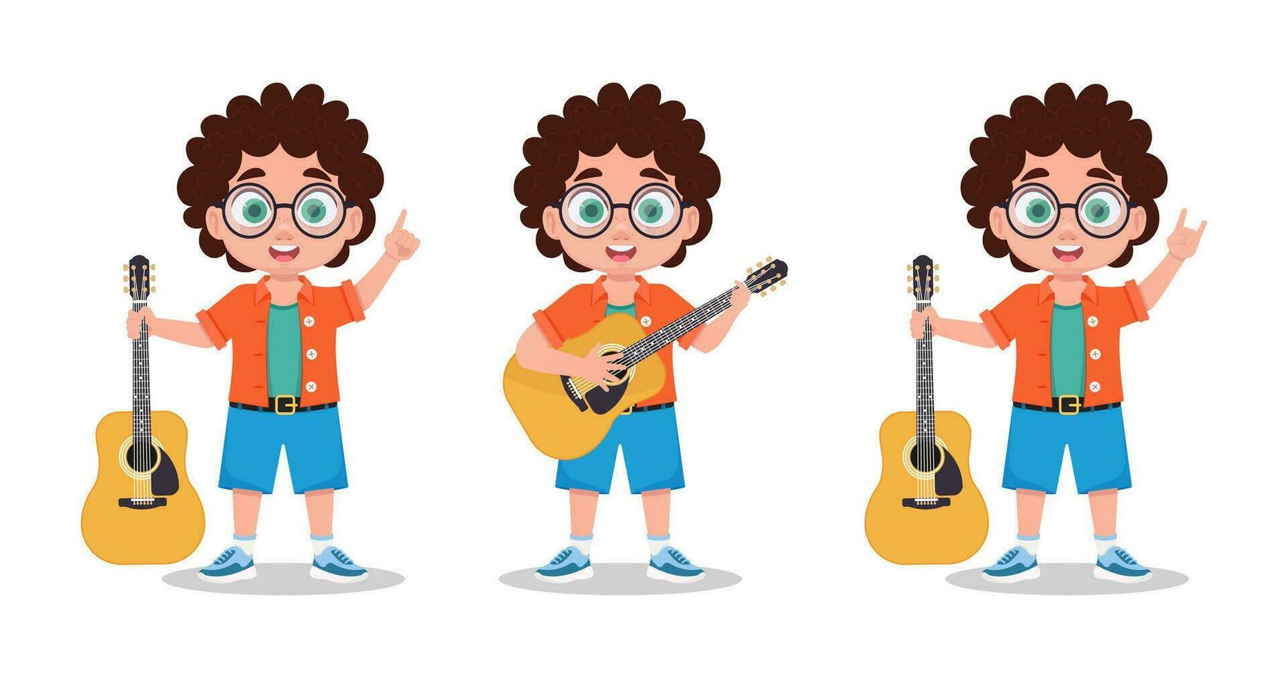 Set of illustrations of a boy playing music vector