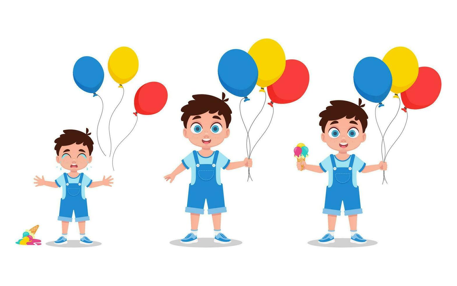conjunto de ilustraciones de un chico con hielo crema y globos vector