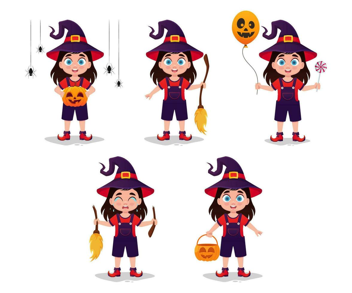 Set of illustrations of a girl in a witch costume vector