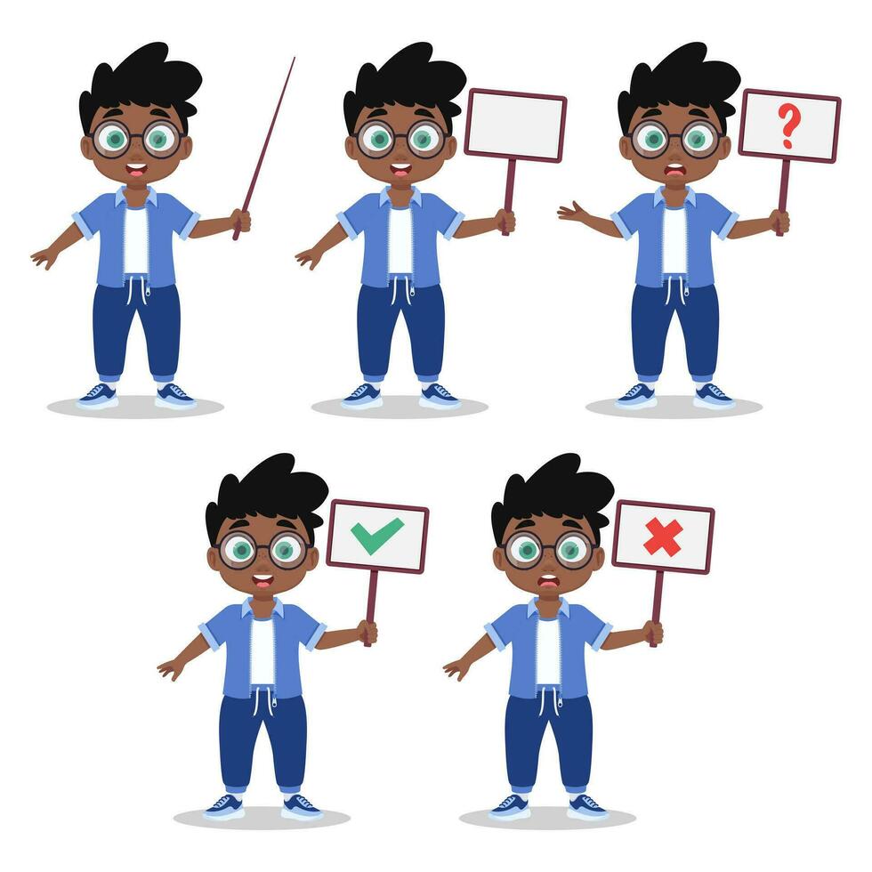 Set of illustrations of a boy holding a sign vector