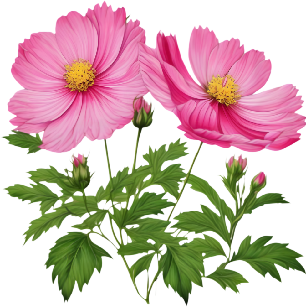 A vibrant painting of flowers with green leaves on their stem. AI-Generated. png