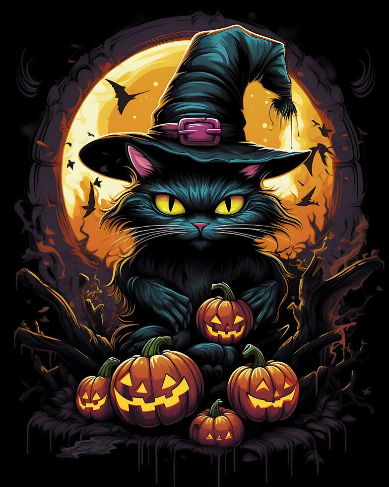 Halloween Witches Scary Hat Cat illustration isolated horror clipart Black Background photo