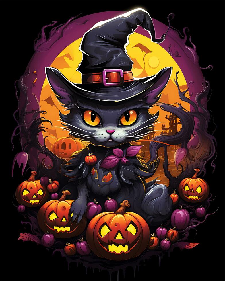 Halloween Witches Scary Hat Cat illustration isolated horror clipart Black Background photo