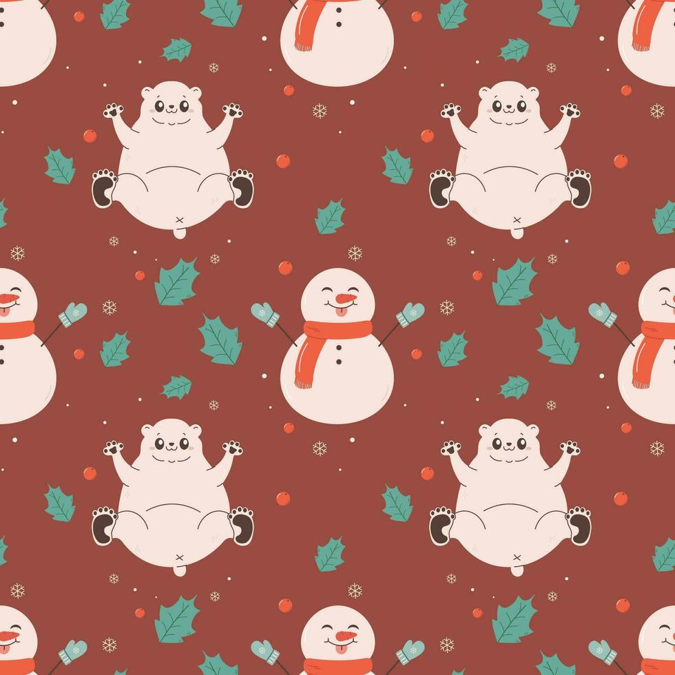 modelo sin costura linda polar blanco polar oso y muñeco de nieve, invierno, Navidad vector