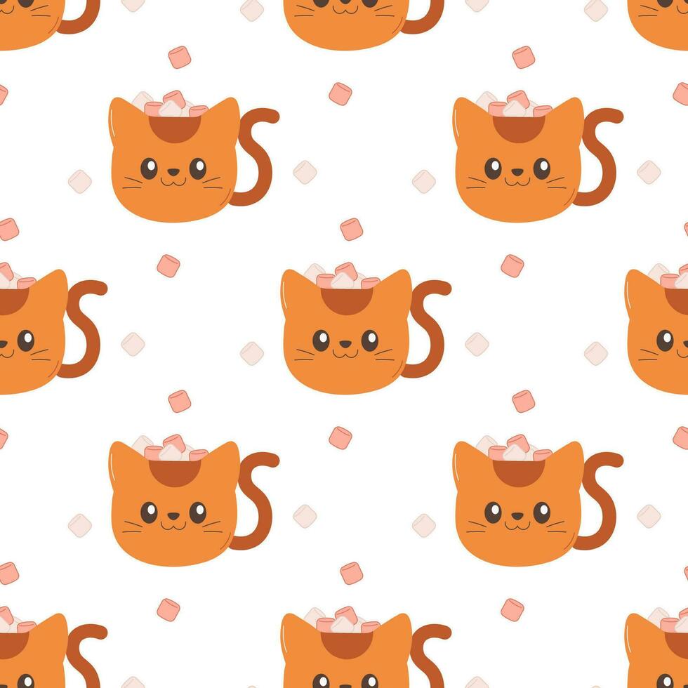 Pattern seamless mug with cat and marshmallows, winter, christmas. vector