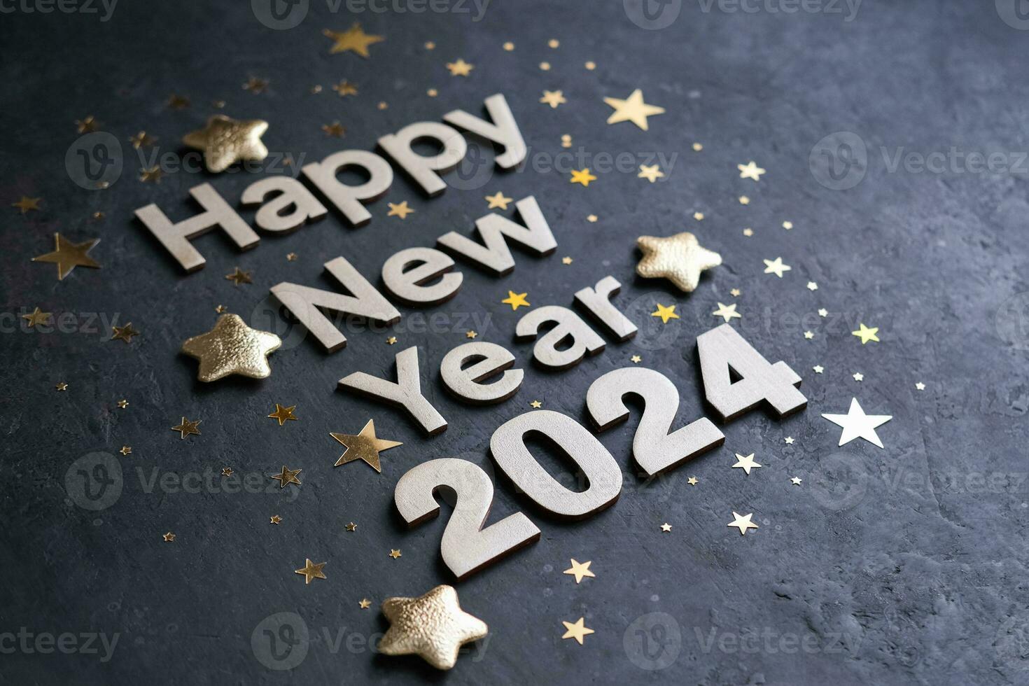 Numbers 2024 on a dark background. Happy New Year 2024. New Year card photo