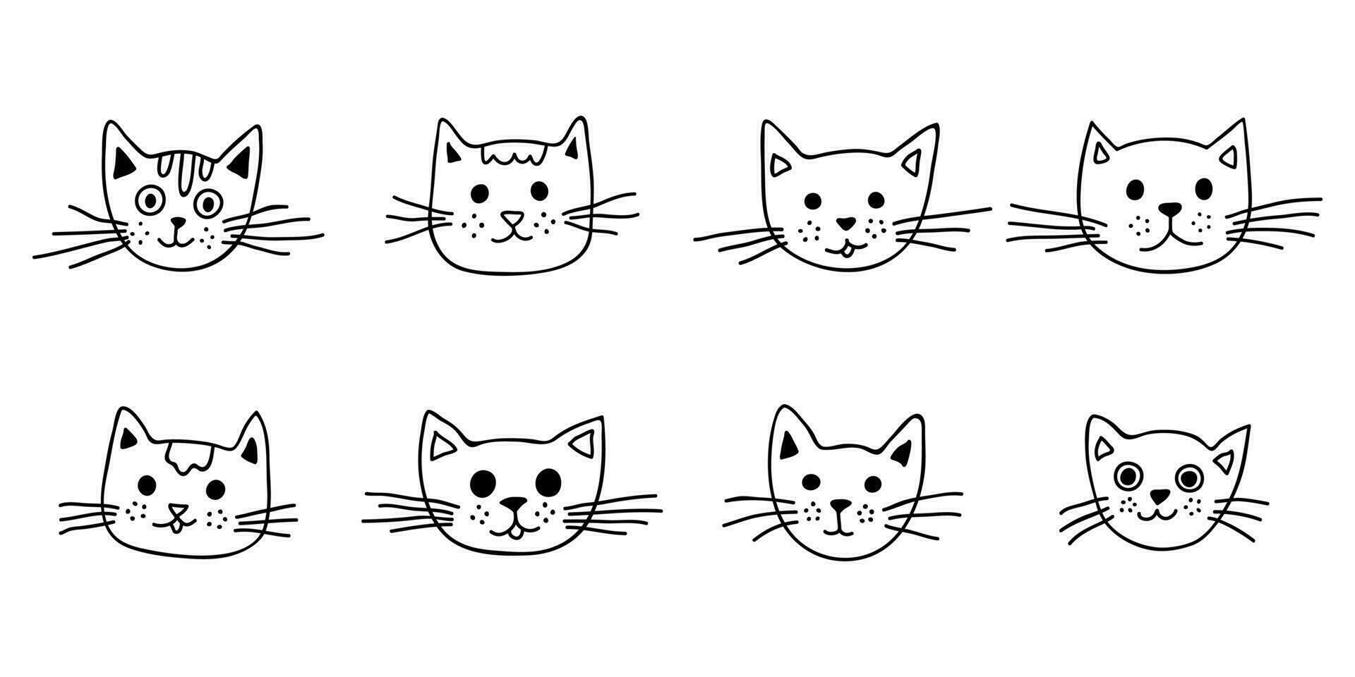 Hand drawn cat muzzle clipart. Cute pet face doodle set vector