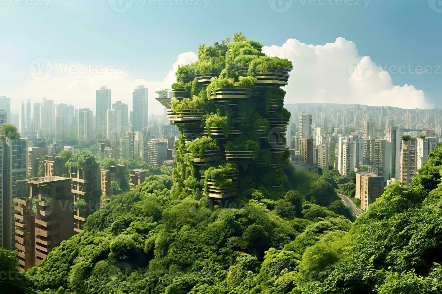Generative AI idea of a green city, featuring skyscrapers enveloped in verdant foliage photo
