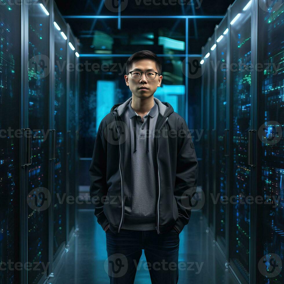 Generative AI young asian engineer in a data centre photo