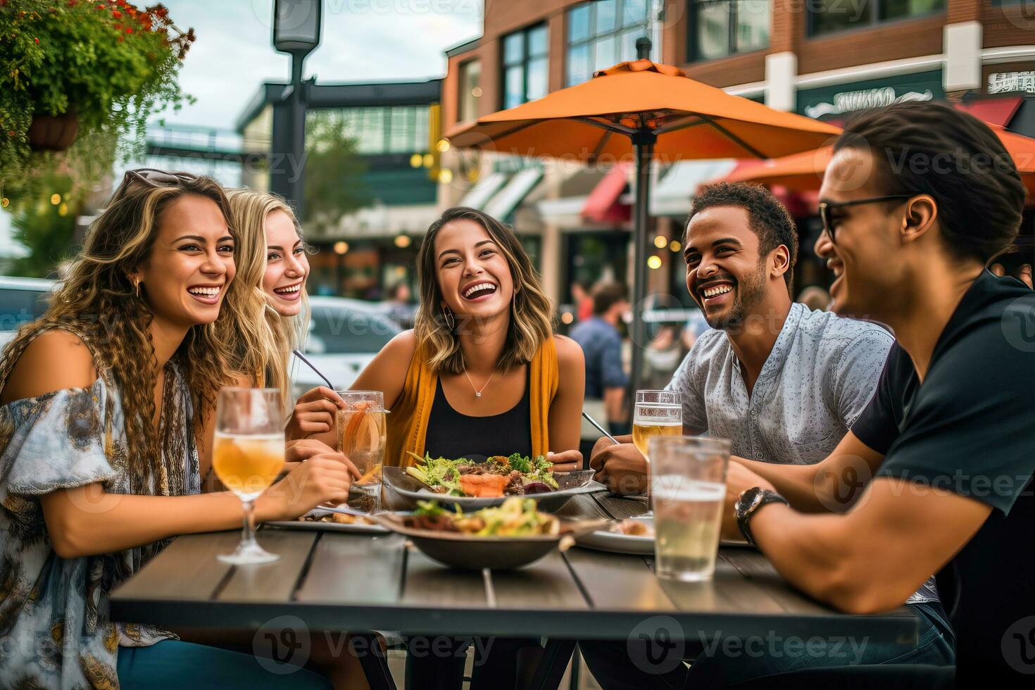 Generative AI group of friends enjoying a vibrant outdoor cafe photo