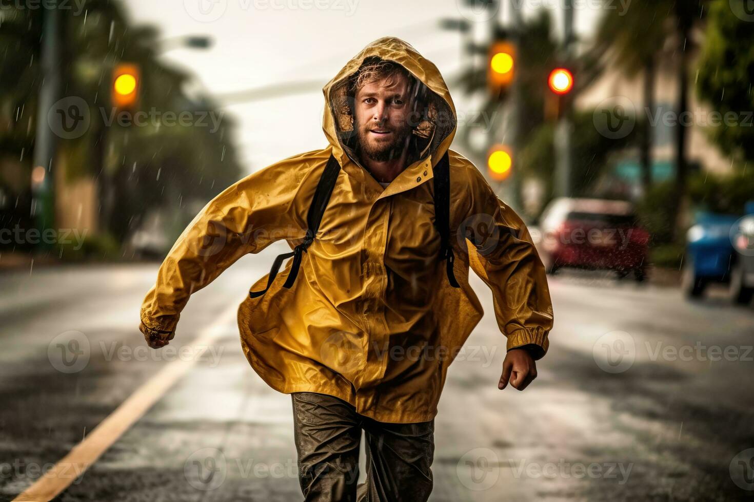 Generative AI man as he navigates through a tropical storm, bravely facing both heavy rain and an incredibly strong wind photo