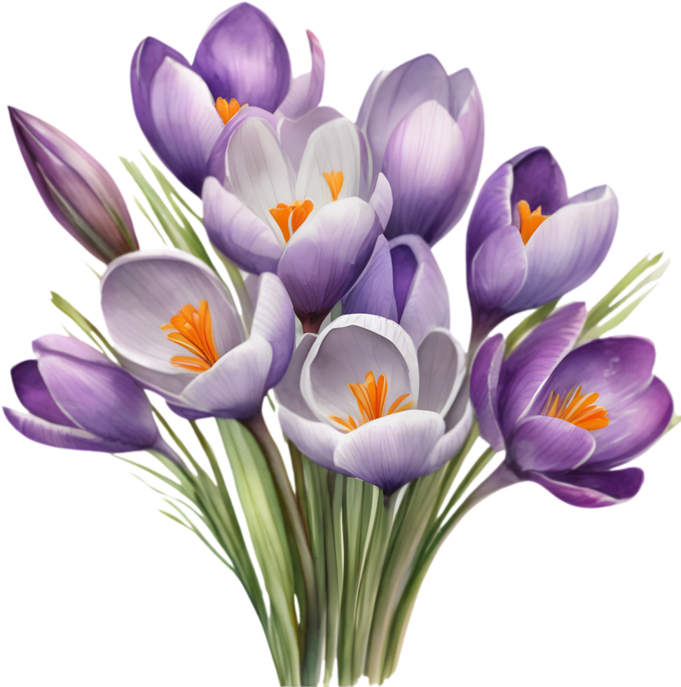 watercolor drawing of a bouquet of Crocus flowers. AI-Generated. png