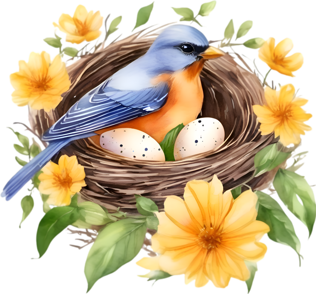 A painting of a Bird hatching eggs in a nest made from flowers. AI-Generated. png