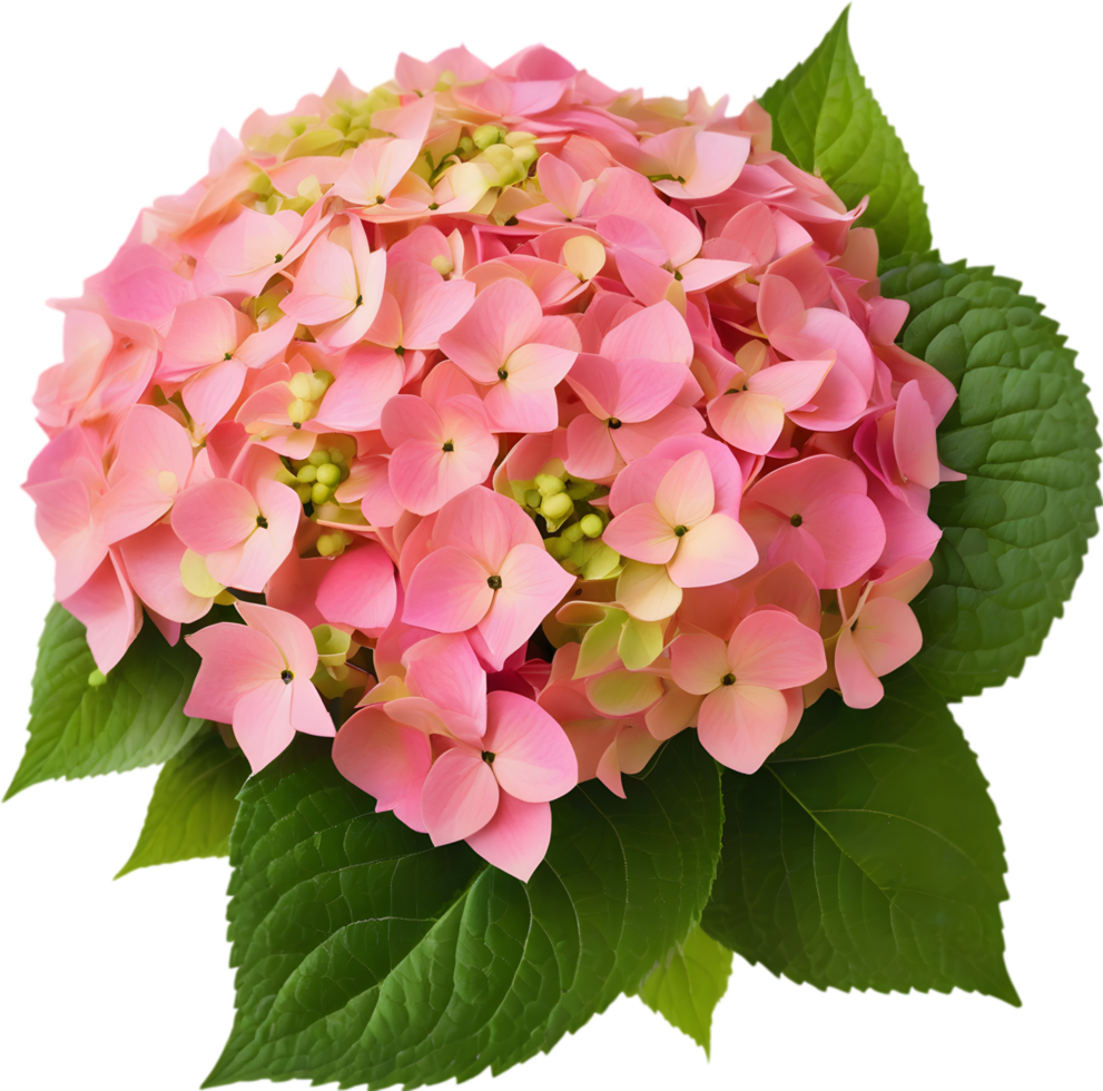 Close-up of beautiful colorful Hydrangeas with leaves. AI Generated. png