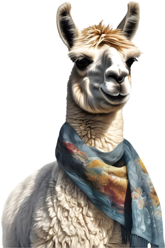 A close-up painting of a sassy llama with a scarf. AI-Generated. png