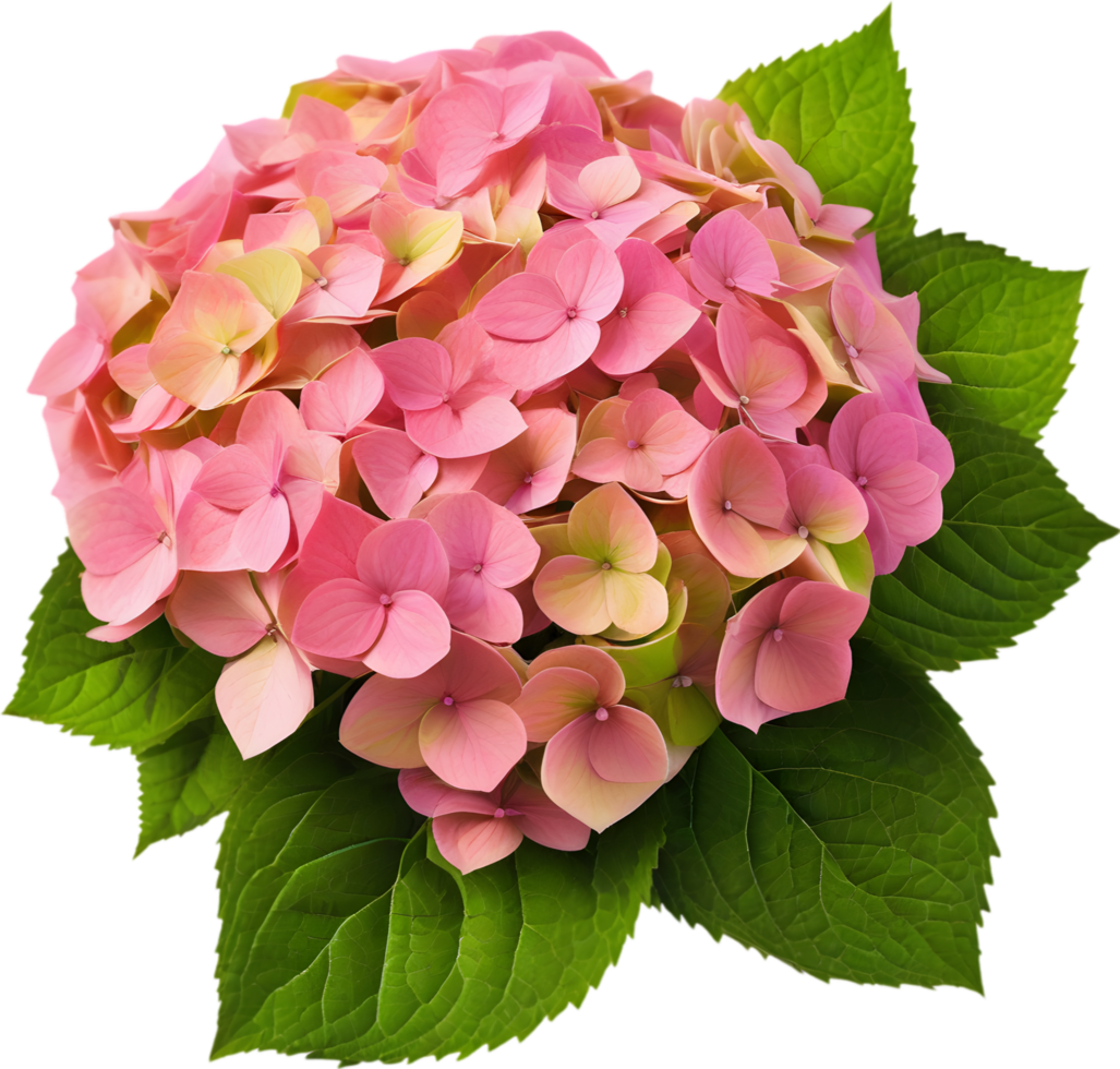 Close-up of beautiful colorful Hydrangeas with leaves. AI Generated. png