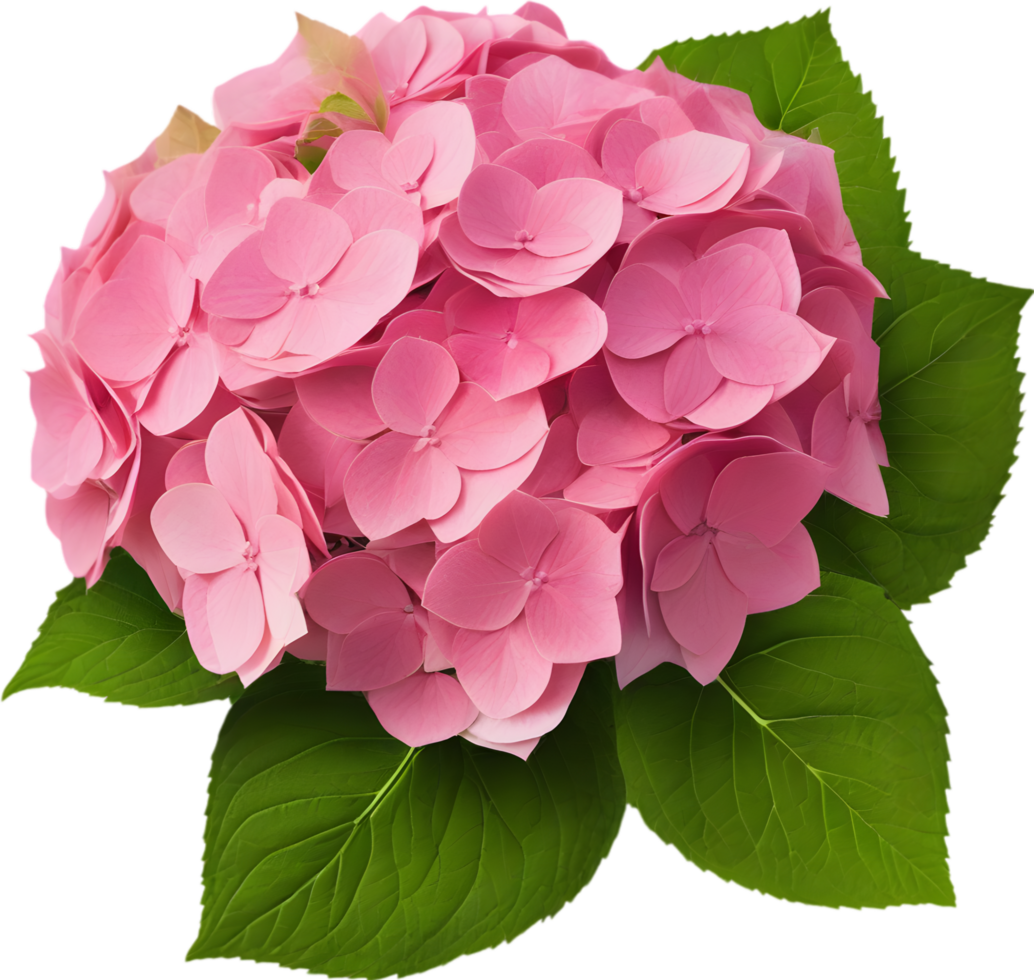Close-up of beautiful colorful Hydrangeas with leaves. AI Generated. png
