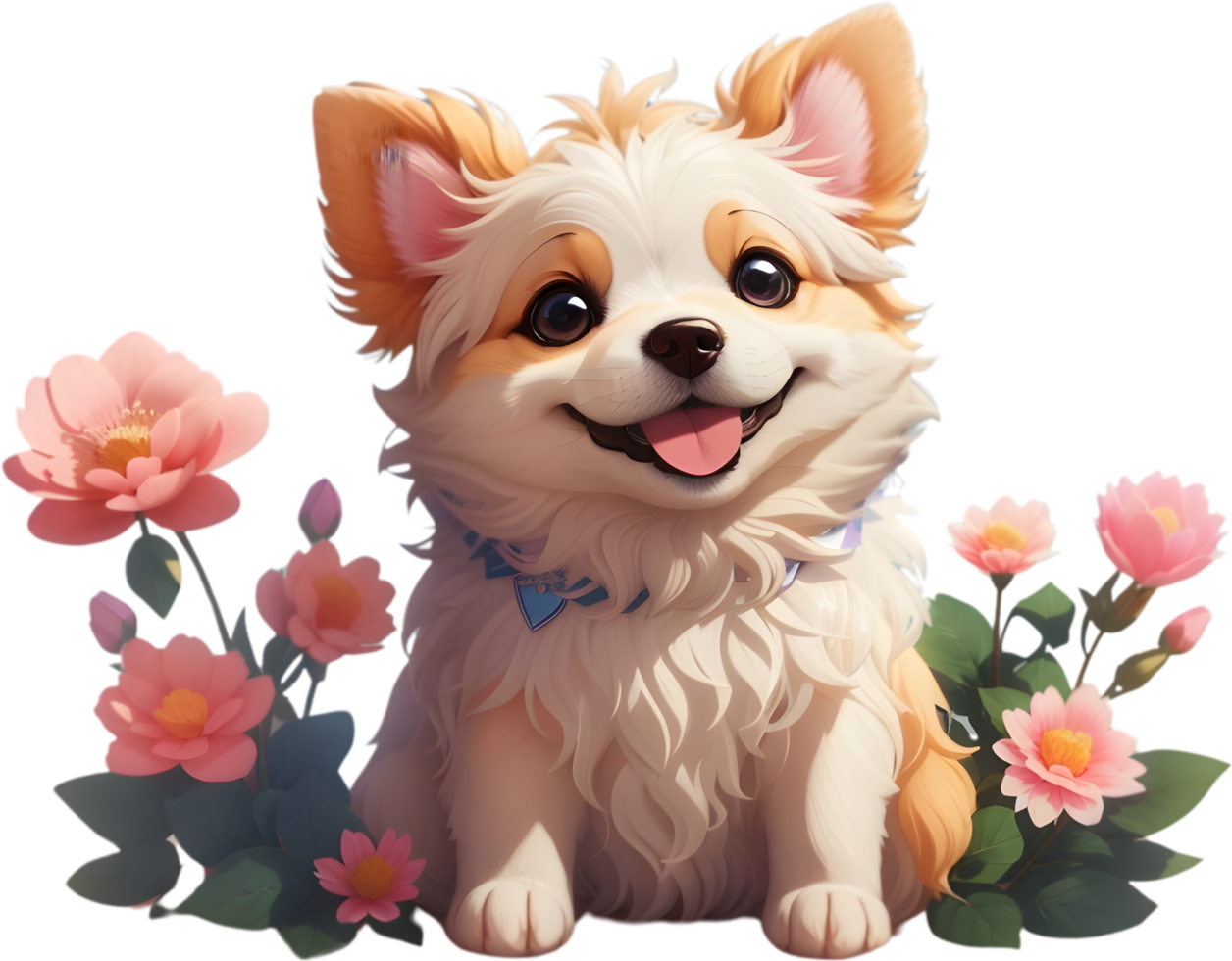un' carino cane con fiori circostante esso. ai-generato. png